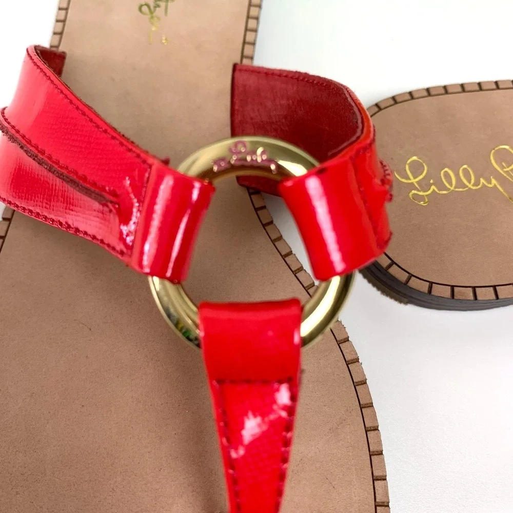 New Lilly Pulitzer McKim Saffiano Leather Thong Sandals 6.5 Daiquiri Pink Coral